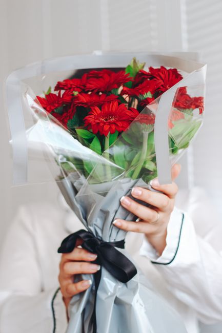 A person holding a large bouquet of vibrant red Gerbera daisies, wrapped in clear and silver floral paper with a black ribbon tie, partially concealing their face. The bouquet is arranged with lush gr