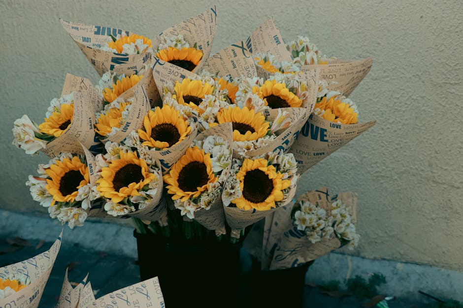 A bouquet of fresh sunflowers with bright yellow petals and dark brown centers, arranged with smaller white flowers and green stems, wrapped in patterned paper with blue and beige text, and placed in 