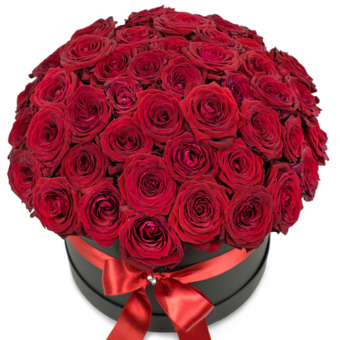 Overflowing with decadence and artistry, this opulent arrangement of dozens of velvety crimson roses makes a bold statement in a stylish black hat box-a signature creation by Blackheath's experienced floral designers. Each bloom is carefully chosen for its freshness and deep color, their petals spiraling to form a lush, perfectly domed bouquet. The sleek black box exudes modern minimalism, intensified by a brilliant scarlet satin ribbon that wraps around it and ties into a voluminous bow positioned front and center. At the bow's heart, a delicate, jewel-like ornament glistens in the soft, natural light, recalling the refined accents of Blackheath's historic interiors and stylish local boutiques. The composition rests against a clean, white setting, offering maximum visual clarity and drawing the eye to every carefully sculpted detail. This lavish display of red roses is a timeless tribute to love and romance, perfect for anniversaries, Valentine's Day, or grand gestures marking special moments in Blackheath's vibrant social scene. The arrangement marries contemporary flair with classic symbolism, resulting in an unforgettable floral statement that embodies both luxury and heartfelt sentiment in every velvety fold.