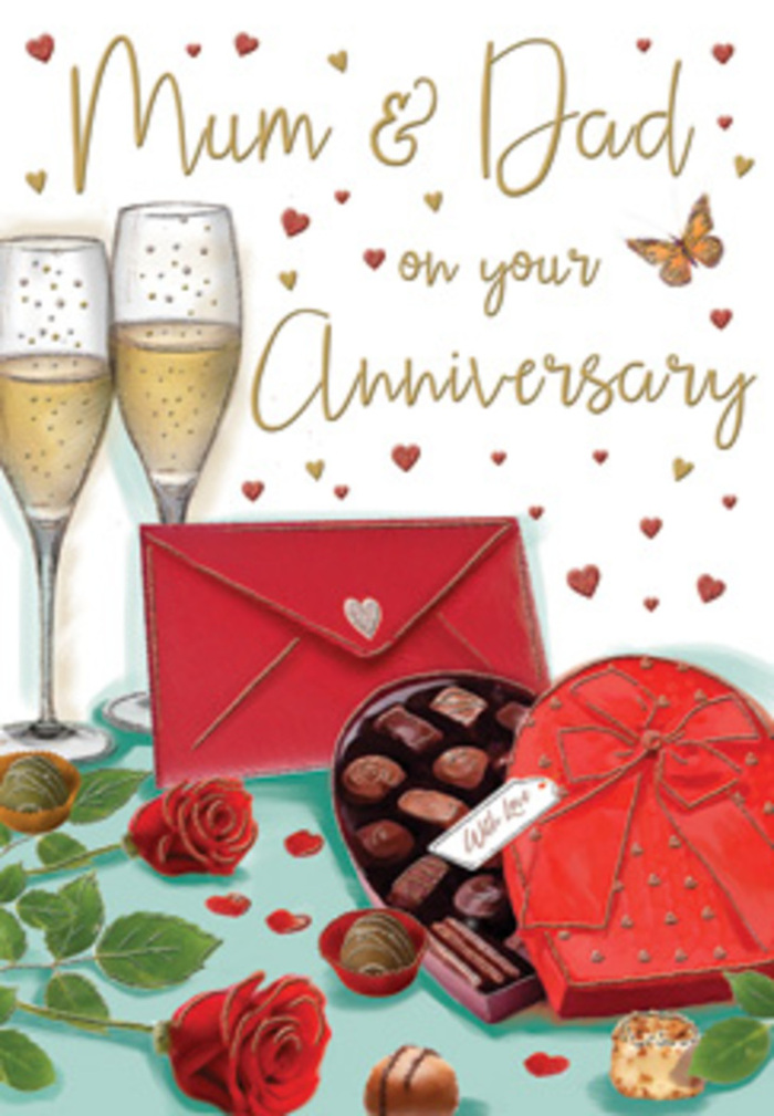 The illustration on this anniversary card unfolds like a quiet celebration in the heart of Blackheath, the kind of intimate scene you might set after a stroll across the heath at sunset. In the foreground, a pair of striking red roses lies gracefully on the tabletop, their petals rich and velvety, each curve and fold shaded to capture the depth and fullness that florists strive for when selecting premium blooms. Surrounding them, lush green leaves add contrast and a sense of freshness, echoing the look of a bouquet prepared for same-day delivery around Blackheath's village streets. Just beside the flowers, a heart-shaped box of chocolates sits partly open, its lid tipped back to reveal an inviting arrangement of truffles. A wide, dramatic red bow wraps the box, its satin loops and trailing ends giving a sense of opulence and care. Behind this, two tall champagne flutes stand in close harmony, brimming with pale golden champagne, tiny bubbles rising steadily and catching the light like little sparks of celebration. Above, Mum & Dad is written in flowing script, framed by a shower of delicate gold and crimson hearts that drift across the background like confetti. At the front of the composition, a scarlet envelope rests thoughtfully, its smooth surface and sealed flap hinting at loving words and perhaps memories of shared years living near Blackheath's leafy avenues. A soft, amber-toned light wraps the entire scene, adding warmth and intimacy, as though reflected from a nearby lamp or candle. To my eye as a florist, the combination of deep red roses, indulgent sweets, and sparkling champagne beautifully encapsulates the feeling of an anniversary: luxurious yet familiar, tender, and quietly celebratory.