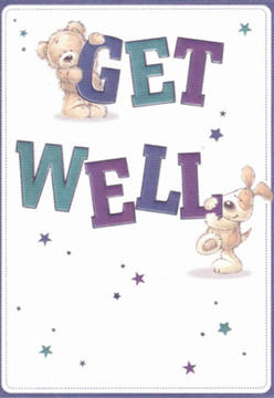 This get well card is a vibrant testament to emotional support and cheerfulness, echoing the friendly, neighbourly energy of Blackheath. At its centre, a teddy bear clings to the word 'GET'-each letter bold in deep purple, conveying a sense of importance and hope. Just below, a lively puppy balances against the 'WELL' in lively teal, its expression full of comfort and joy. Their round, expressive faces and plush-looking fur invite a sense of touch, mirroring the tactile joy found in expertly arranged bouquets from local Blackheath florists. Playful constellations of blue and purple stars burst across the crisp white background, illuminating the scene with an air of magical recovery-like the early evening light over Blackheath Village. The typography is full of bold personality, ensuring the message leaps out with warmth and confidence. The composition, much like the careful floral designs delivered daily near Greenwich Park, blends nurturing sentiment with artistry and care. Each visual element speaks to the restorative spirit shared by the Blackheath community, promising a comforting and uplifting gesture for anyone in need of a little brightness.