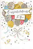 The image presents a tall, stylish congratulations card that mirrors the sense of spacious celebration found around Blackheath's open common. On the front, a generous spray of illustrated balloons dominates the composition, bunched together like a festive bouquet ready to accompany a gift of flowers. The balloons vary in size and sit in overlapping layers, painted in soft metallic-inspired hues of gold, silver, champagne, sky blue, blush pink, and misty grey. Fine decorative patterns-tiny stars, clean stripes, and scattered dots of confetti-add shimmer and interest, suggesting subtle glitter and glossy foiling that would catch the light if you tilted the card in your hands. From the base of the balloons, delicate ribbons and strings trail down and curl outward in graceful arcs of gold and silver, weaving among floating stars and swirling accents that feel like the afterglow of a party. Across the centre of this joyful cluster, a smooth, ribbon-like banner carries the message Congratulations To You in flowing calligraphy, the letters sweeping elegantly from side to side with a warmth that feels genuinely personal. The background is light and uncluttered, punctuated with just enough stars and curls to keep the design lively while preserving a sense of calm sophistication. Visually, it evokes the idea of a celebration that is joyful yet refined, the sort of card you might tuck beside a hand-tied bouquet prepared by Blackheath Flowers for delivery to a home near the station or one of the charming side streets. It's a design that quietly amplifies the message of pride, recognition, and happiness you wish to share with someone who has achieved something meaningful.