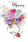 This Mother's Day card features a jubilant watercolour bouquet that seems to glow against the crisp white background, as if freshly gathered from a garden not far from Blackheath and arranged with an artist's hand. Lush purples blend with vibrant pinks and cerise tones, while serene blues and soft lavender petals weave gently through the composition, preventing the bolder hues from overpowering the eye. Deeper strokes of red peek through, adding warmth and depth, and giving the impression of fully opened blossoms nestled among younger, just-opening flowers. Subtle golden accents trace along certain petal edges and leaves, creating a soft shimmer that recalls the glint of sunlight skimming across vases displayed in a Blackheath florist's window. Surrounding the main bouquet, small splashes and speckles of colour, along with tiny heart shapes, scatter like celebratory confetti or petals tossed in the air after a family gathering. The arrangement sits in a simple, rounded vase suggested by fluid washes of paint, its base adorned with an elegant golden bow that hints at the neat ribboning a florist would add before a same-day delivery to homes around the village and nearby streets. Despite its exuberance, the composition feels airy and light, with plenty of white space allowing each colour to breathe. The overall message held within the artwork is one of gratitude, warmth, and joyful appreciation-a visual expression of the words thank you, mum that lingers even after the card is placed on a mantelpiece, much like a cherished bouquet that brightens a Blackheath home for days.