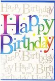 This birthday card has the lively yet elegant character that suits so many celebrations around Blackheath, from family teas to milestone parties. The front is dominated by the phrase Happy Birthday, rendered in large, rounded letters that curve gently across the card with a friendly energy. Each letter is coloured with a rich, continuous gradient, moving from dark cherry and blush pink into royal purple, sliding into indigo and bright blue, then merging into teal, leaf green, zesty lime, and finishing with sunshine yellow and warm tangerine. The transitions are soft and painterly, echoing the way colours flow in a mixed bouquet chosen from a local florist. These vivid letters sit against a background that glows with intricate golden handwriting. Repeated over and over in fine, cursive script are the words Happy Birthday to you, written in metallic gold ink that hints at gentle sparkle, like streetlights glimmering along the edge of the heath after dusk. The script runs in fluid lines that angle slightly, creating a subtle sense of motion, as if the words are being sung rather than simply printed. Dotted discreetly amid the lettering are faint star shapes and tiny specks of colour, adding a whisper of confetti without overwhelming the design. The card appears to have a smooth, high-quality finish, with perhaps a light sheen that makes the colours more luminous. Overall, the mood is warm and celebratory, equally fitting for younger and older recipients, and you can imagine it laid out beside a freshly delivered arrangement in a home off Belmont Hill, amplifying the joy of the birthday moment with its rainbow hues and golden script.