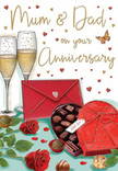This lovingly illustrated anniversary card captures a romantic moment that feels right at home in Blackheath, where cosy houses and tree-lined streets lend themselves to intimate celebrations. At the heart of the image are two sumptuous red roses, their petals lush and velvety, layered in soft curves that suggest the kind of premium blooms chosen with care at a local florist. Nestled alongside are glossy green leaves, adding depth and natural contrast, much like the foliage that frames a hand-tied bouquet ready for delivery across Blackheath. Slightly to the side, a heart-shaped box of chocolates sits open, the lid edged with a lavish red bow whose loops and tails spill gently across the table. Inside, carefully arranged truffles rest in neat rows, their rounded shapes and subtle shine hinting at rich flavours meant to be shared. Behind this indulgent centrepiece, two elegant champagne flutes stand close together, filled with golden fizz; the bubbles inside rise in delicate streams, sparkling as if catching the evening light from a nearby window overlooking Blackheath Common. Above, graceful script spells out Mum & Dad, surrounded by a scatter of tiny gold and crimson hearts that float like weightless tokens of love. In the foreground, a scarlet envelope lies with its flap sealed, suggesting a handwritten note filled with appreciation and cherished memories. A warm, honeyed light washes over the entire scene, giving it the cosy ambience of a Blackheath dining room just before a celebratory toast. From a florist's viewpoint, this arrangement of roses, chocolates, and champagne tells a story of enduring love, thoughtful gestures, and the quiet joy of marking another year together.